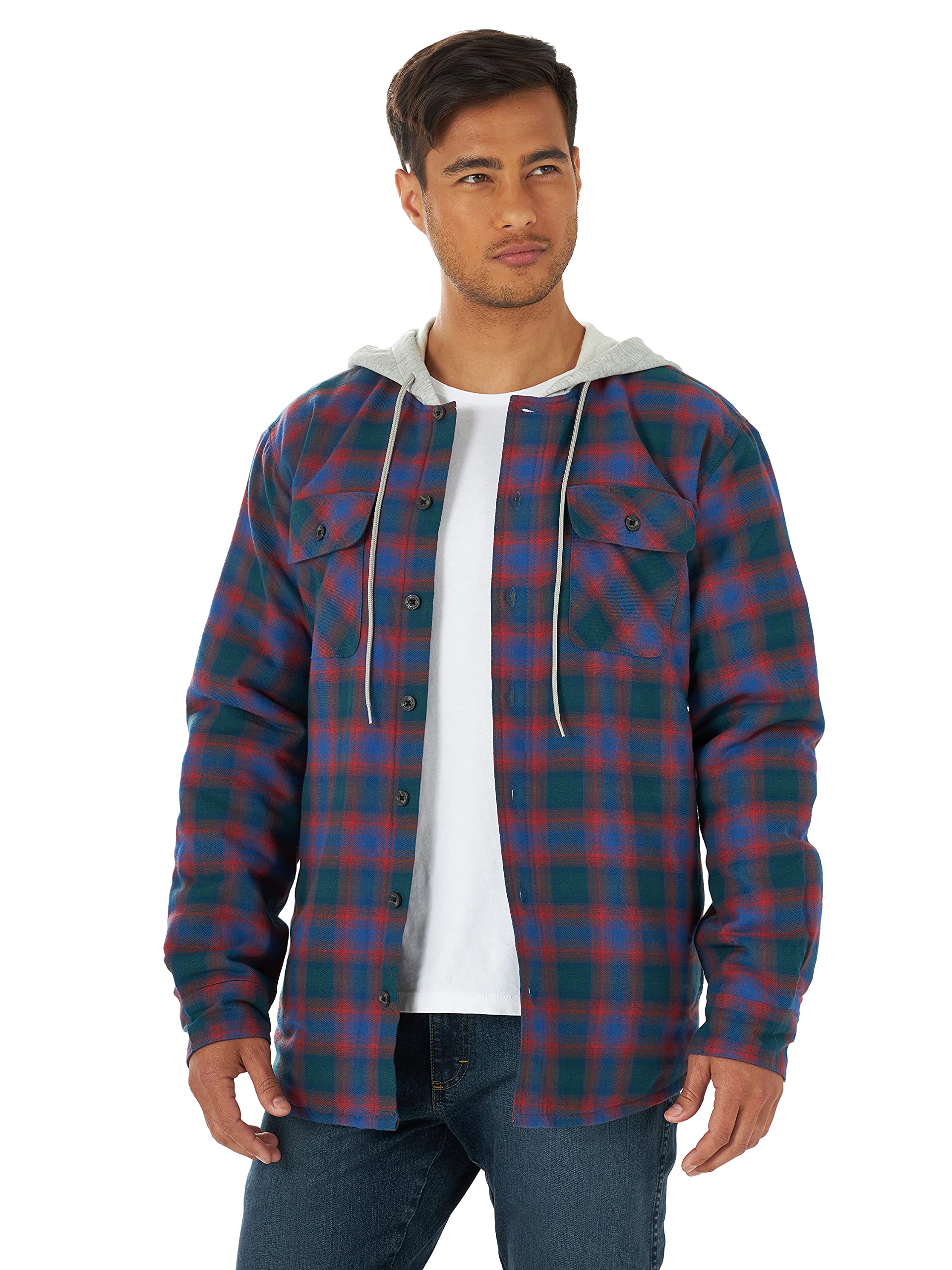 Wrangler Authentics Men's Long Sleeve Quilted Lined Flannel Shirt Jacket with Hood
